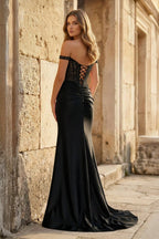 Blush Satin Mermaid Evening Dress with Off The Shoulder Neckline and Appliques