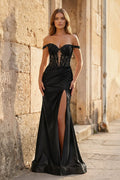 Blush Satin Mermaid Evening Dress with Off The Shoulder Neckline and Appliques
