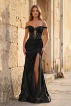 Blush Satin Mermaid Evening Dress with Off The Shoulder Neckline and Appliques