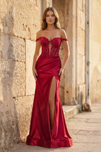 Blush Satin Mermaid Evening Dress with Off The Shoulder Neckline and Appliques