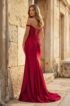 Blush Satin Mermaid Evening Dress with Off The Shoulder Neckline and Appliques