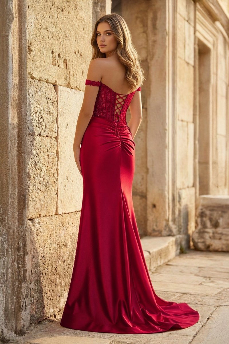 Blush Satin Mermaid Evening Dress with Off The Shoulder Neckline and Appliques