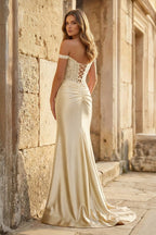 Blush Satin Mermaid Evening Dress with Off The Shoulder Neckline and Appliques