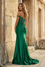 Blush Satin Mermaid Evening Dress with Off The Shoulder Neckline and Appliques