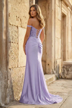 Blush Satin Mermaid Evening Dress with Off The Shoulder Neckline and Appliques