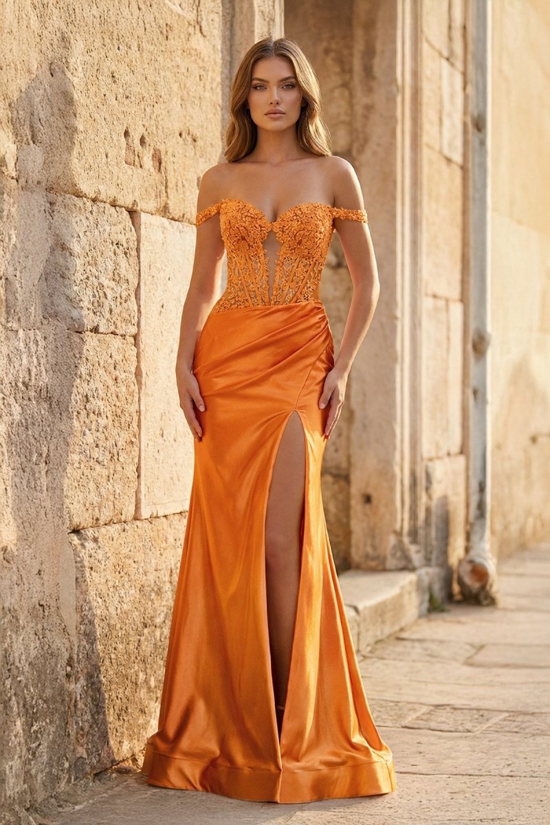 Blush Satin Mermaid Evening Dress with Off The Shoulder Neckline and Appliques