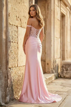Blush Satin Mermaid Evening Dress with Off The Shoulder Neckline and Appliques