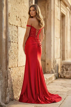 Blush Satin Mermaid Evening Dress with Off The Shoulder Neckline and Appliques