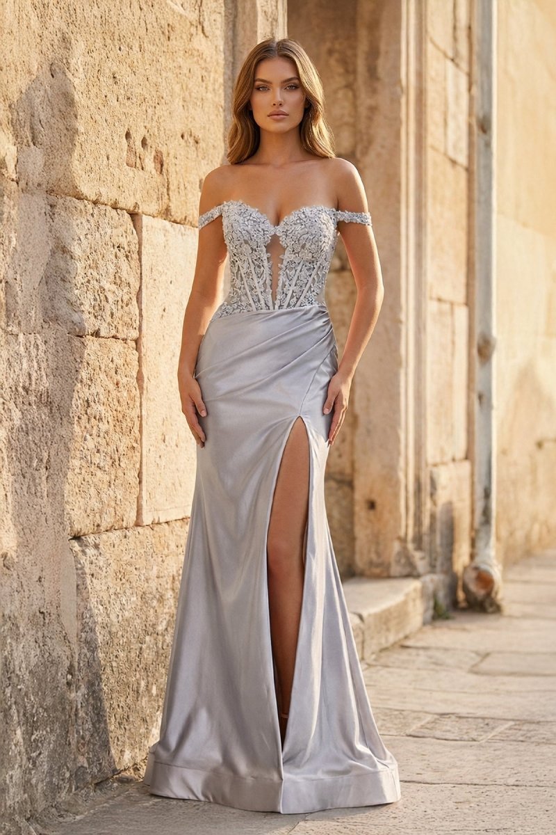 Blush Satin Mermaid Evening Dress with Off The Shoulder Neckline and Appliques