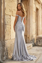 Blush Satin Mermaid Evening Dress with Off The Shoulder Neckline and Appliques