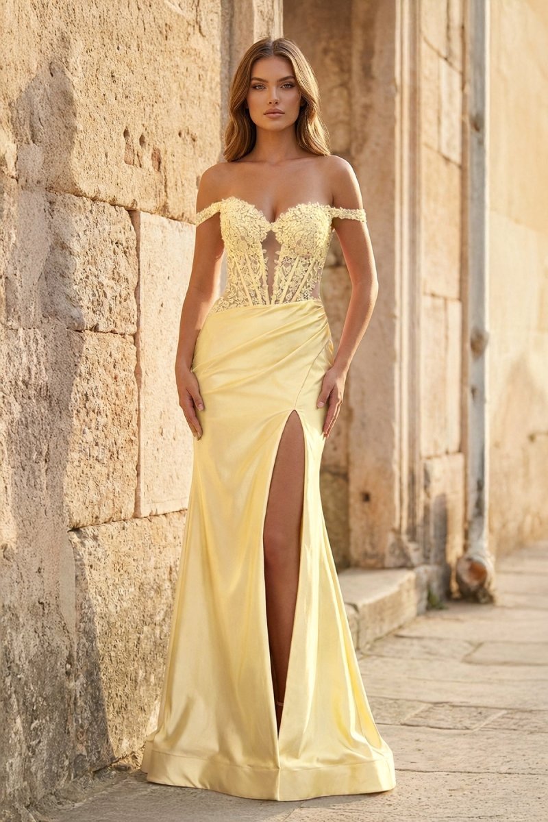 Blush Satin Mermaid Evening Dress with Off The Shoulder Neckline and Appliques