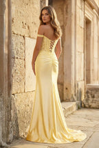 Blush Satin Mermaid Evening Dress with Off The Shoulder Neckline and Appliques
