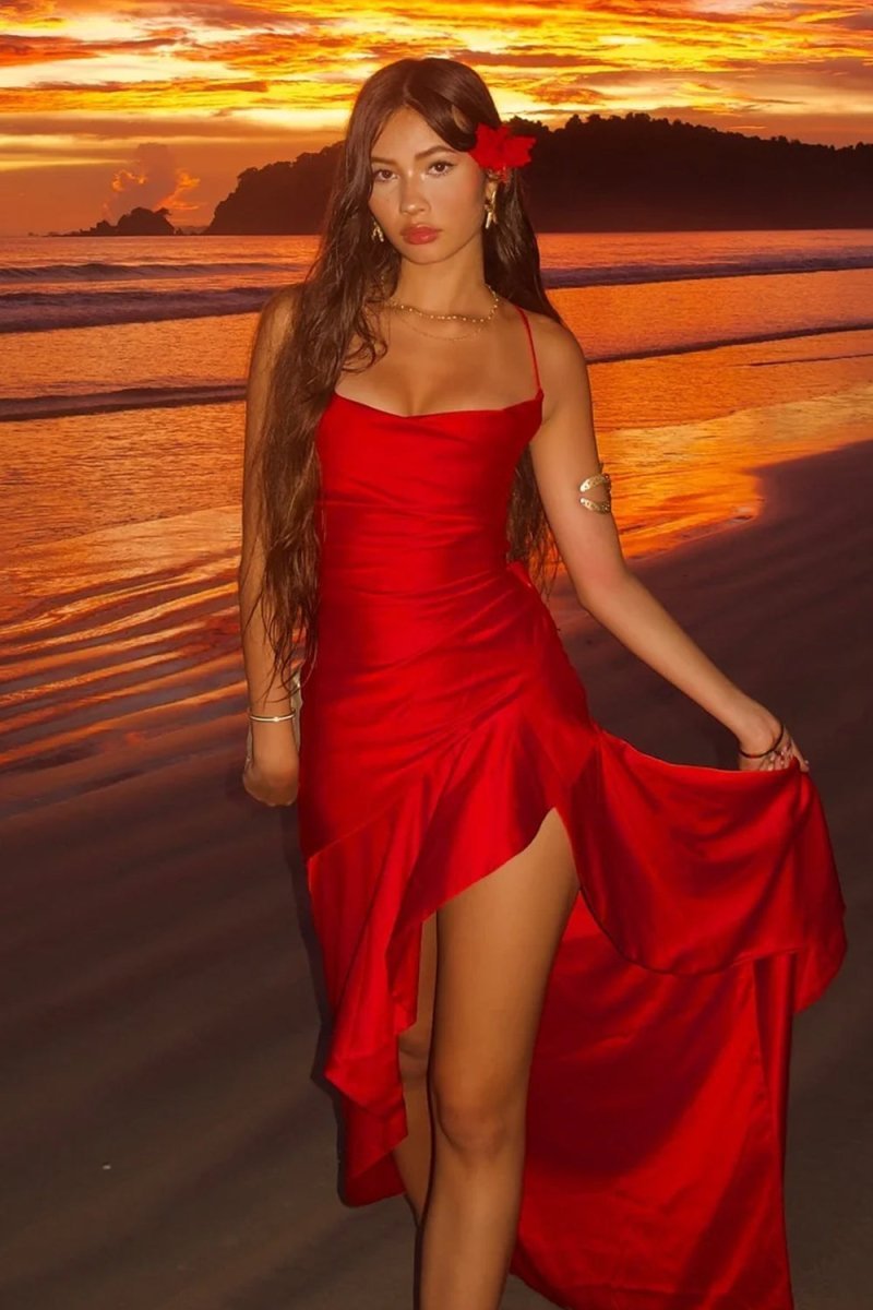Lavinia red side view prom dress