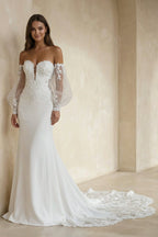Diamond White Chiffon Mermaid Wedding Dress with Strapless Neckline and Appliques