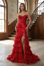 Red Lace Mermaid Evening Dress with Sweetheart Neckline and Pleated Detail