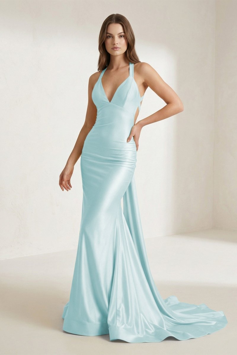 Pink Halter Satin Mermaid Open Back Long Formal Prom Gown