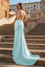 Pink Halter Satin Mermaid Open Back Long Formal Prom Gown