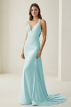 Pink Halter Satin Mermaid Open Back Long Formal Prom Gown