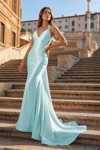 Pink Halter Satin Mermaid Open Back Long Formal Prom Gown