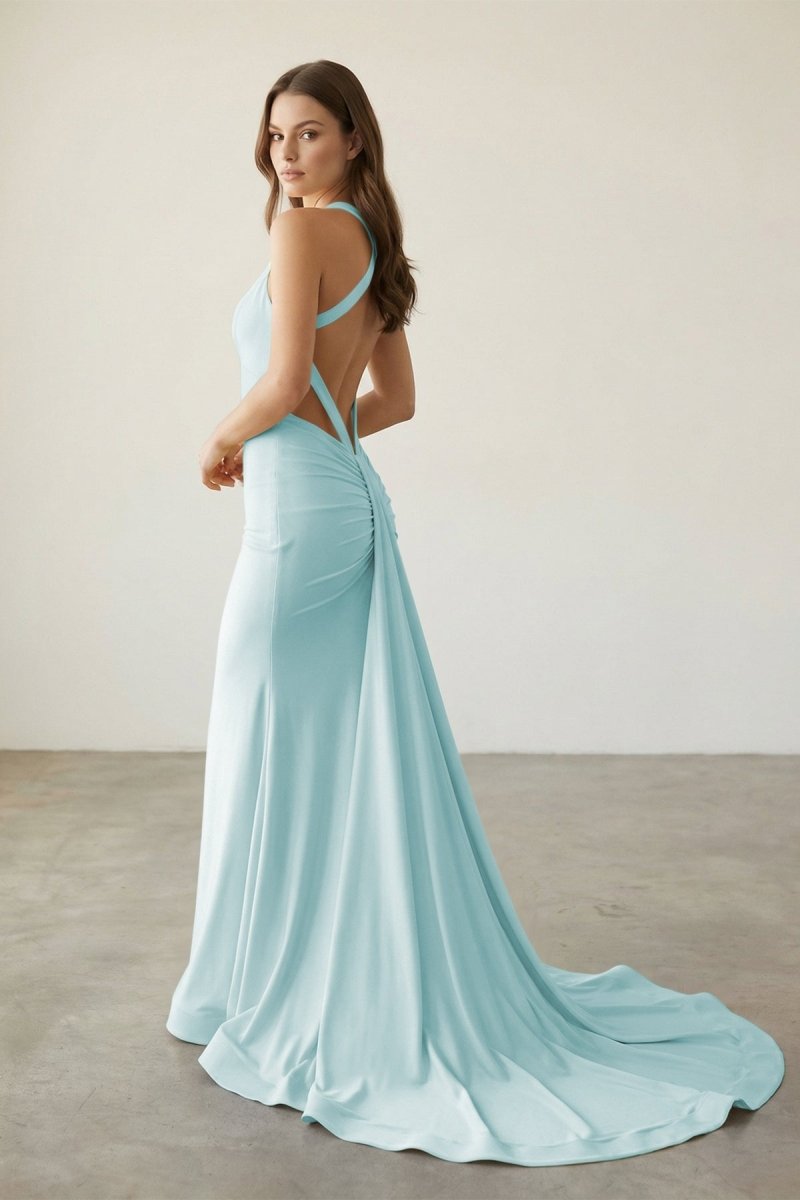 Pink Halter Satin Mermaid Open Back Long Formal Prom Gown