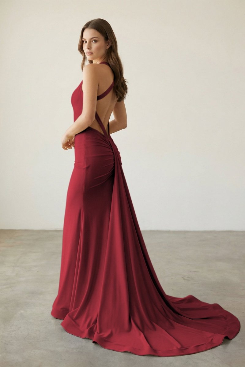 Pink Halter Satin Mermaid Open Back Long Formal Prom Gown
