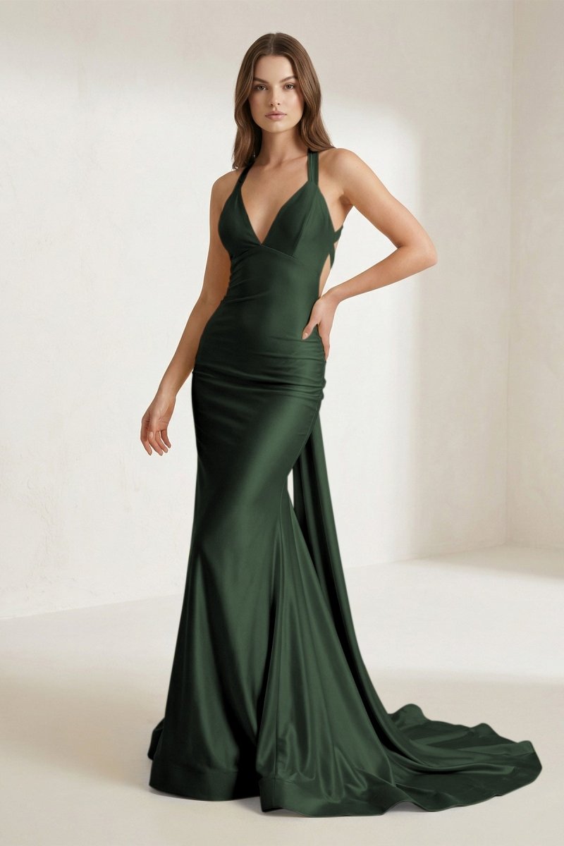 Pink Halter Satin Mermaid Open Back Long Formal Prom Gown