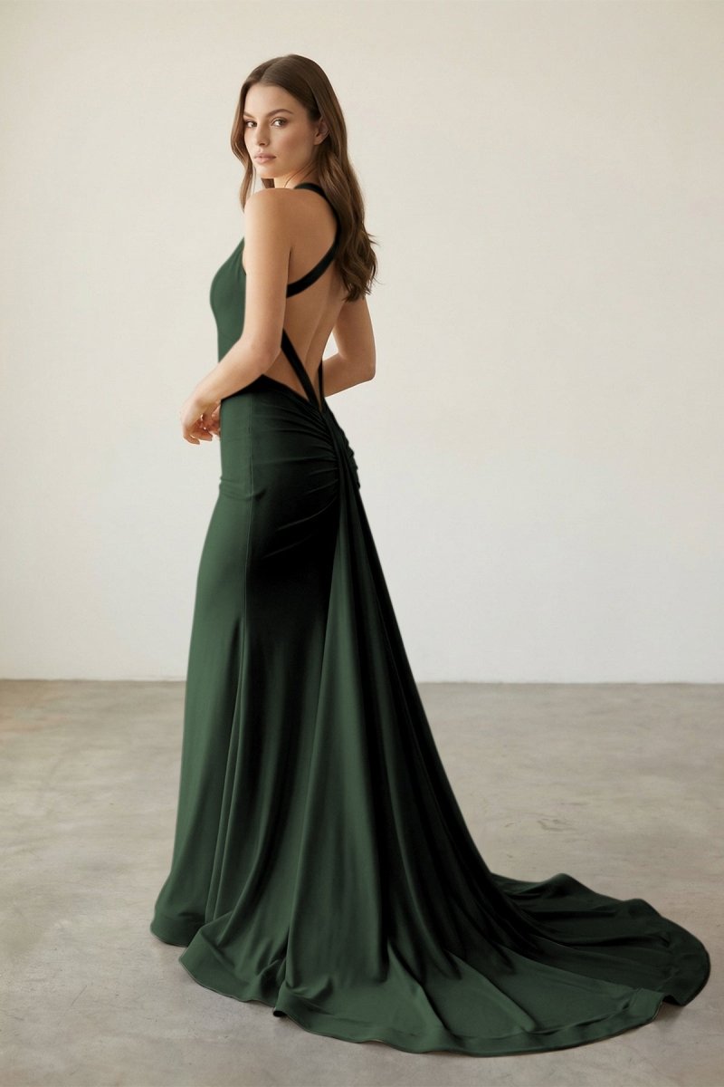 Pink Halter Satin Mermaid Open Back Long Formal Prom Gown