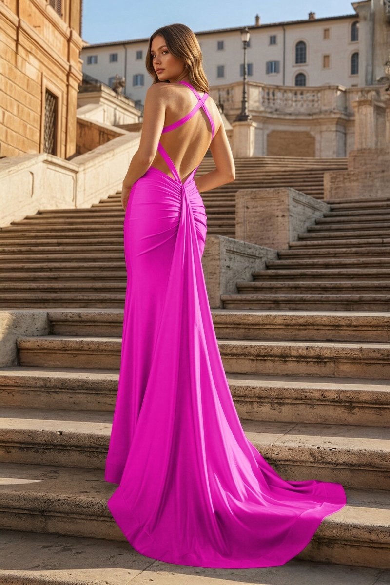 Pink Halter Satin Mermaid Open Back Long Formal Prom Gown