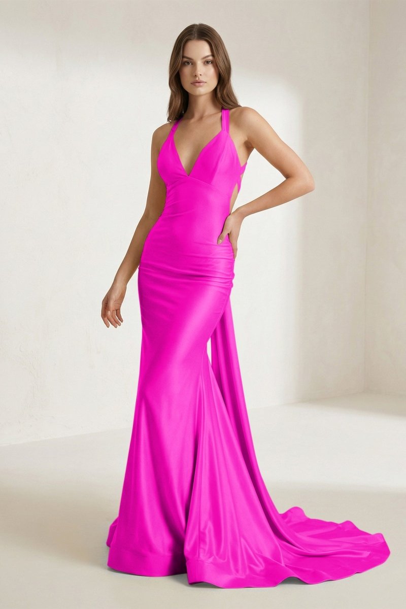 Pink Halter Satin Mermaid Open Back Long Formal Prom Gown