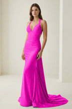 Pink Halter Satin Mermaid Open Back Long Formal Prom Gown