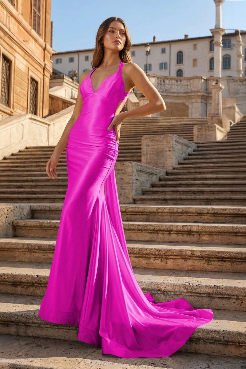Pink Halter Satin Mermaid Open Back Long Formal Prom Gown