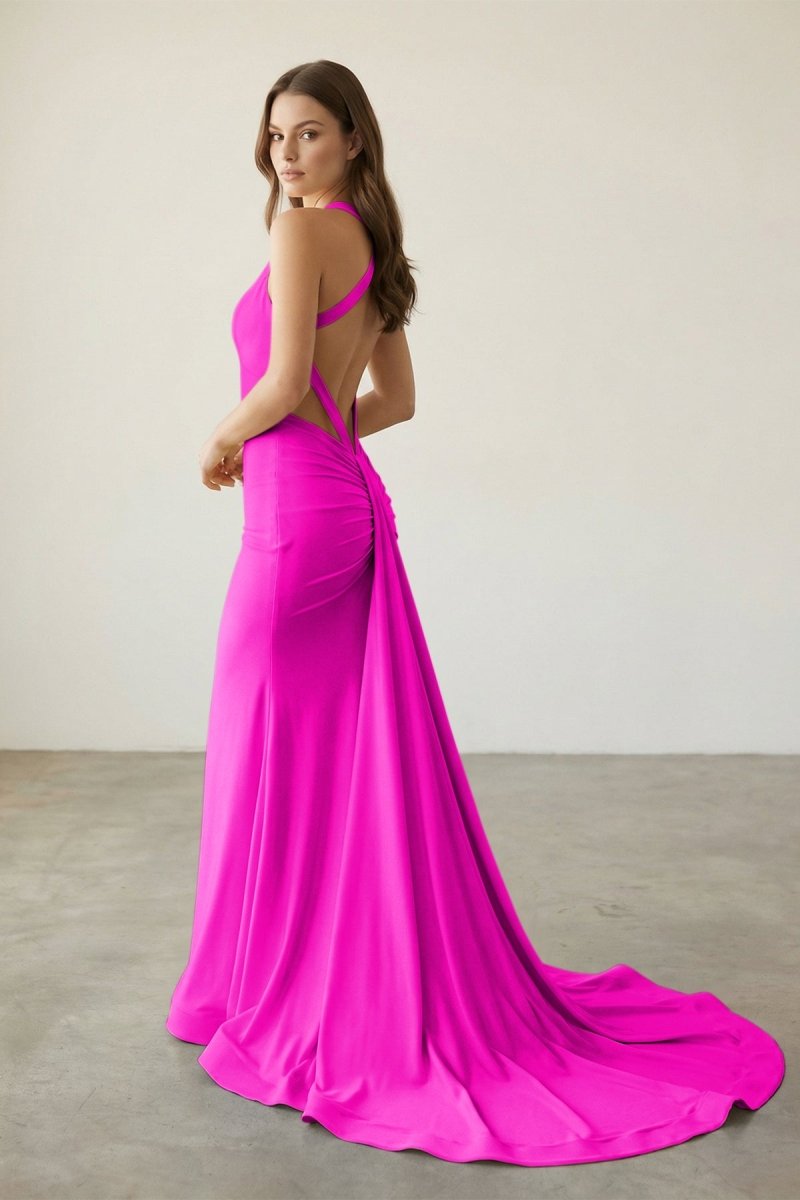 Pink Halter Satin Mermaid Open Back Long Formal Prom Gown