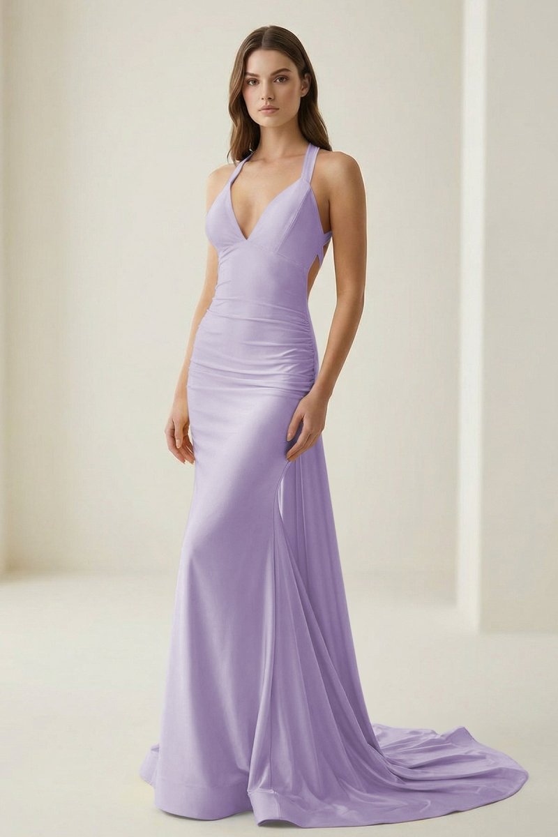 Pink Halter Satin Mermaid Open Back Long Formal Prom Gown