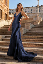 Pink Halter Satin Mermaid Open Back Long Formal Prom Gown