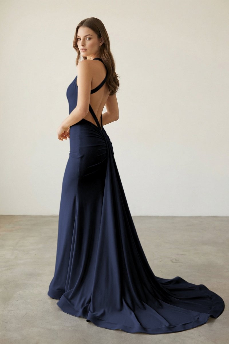 Pink Halter Satin Mermaid Open Back Long Formal Prom Gown