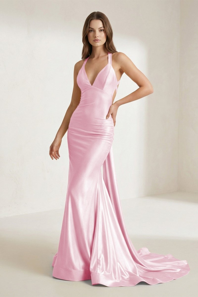 Pink Halter Satin Mermaid Open Back Long Formal Prom Gown