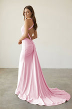 Pink Halter Satin Mermaid Open Back Long Formal Prom Gown