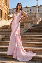 Pink Halter Satin Mermaid Open Back Long Formal Prom Gown