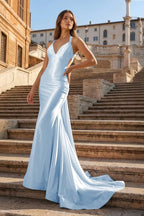 Pink Halter Satin Mermaid Open Back Long Formal Prom Gown