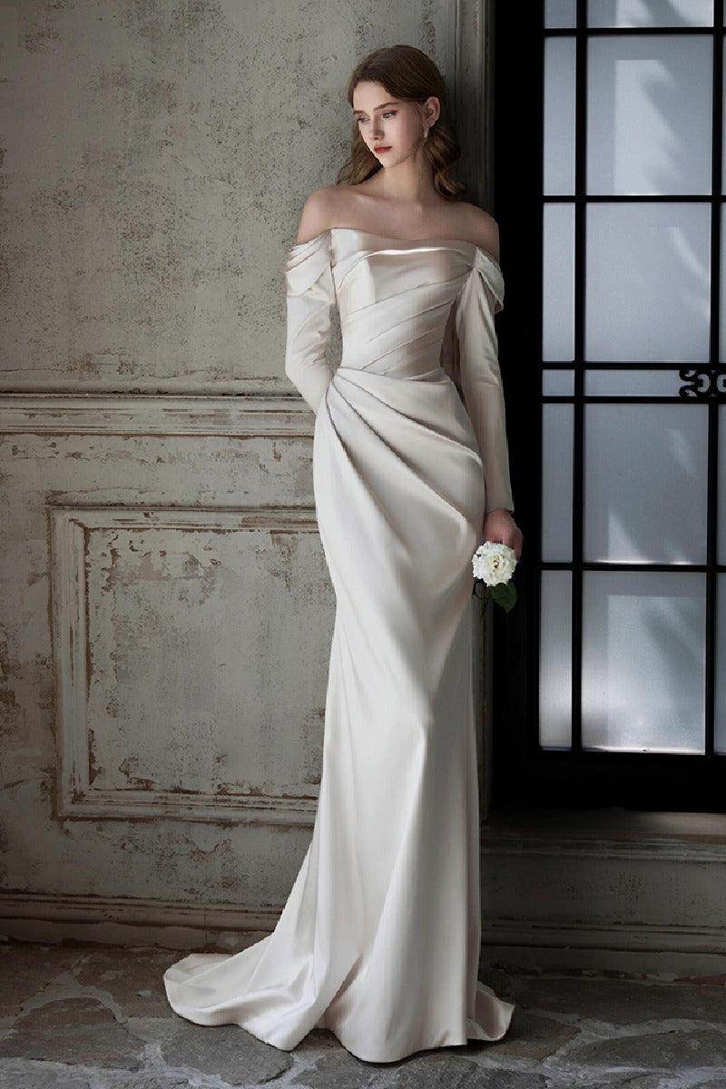 Elegant Sheath Column Sweep Brush Train Satin Wedding Dress 851237427674 Wedding Dress