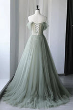 Sage Green Tulle Ball Gown Evening Dress with Off The Shoulder Neckline
