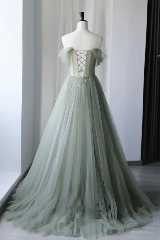 Sage Green Tulle Ball Gown Evening Dress with Off The Shoulder Neckline