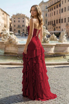 Fabiola burgundy back view prom dress