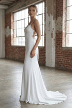 Diamond White Satin Mermaid Wedding Dress with V-Neck Neckline and Appliques