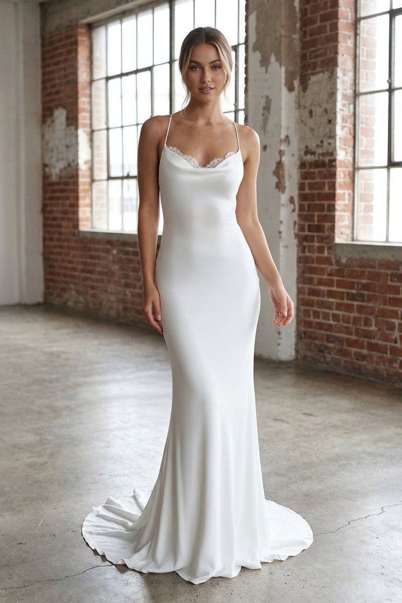 Diamond White Satin Mermaid Wedding Dress with V-Neck Neckline and Appliques