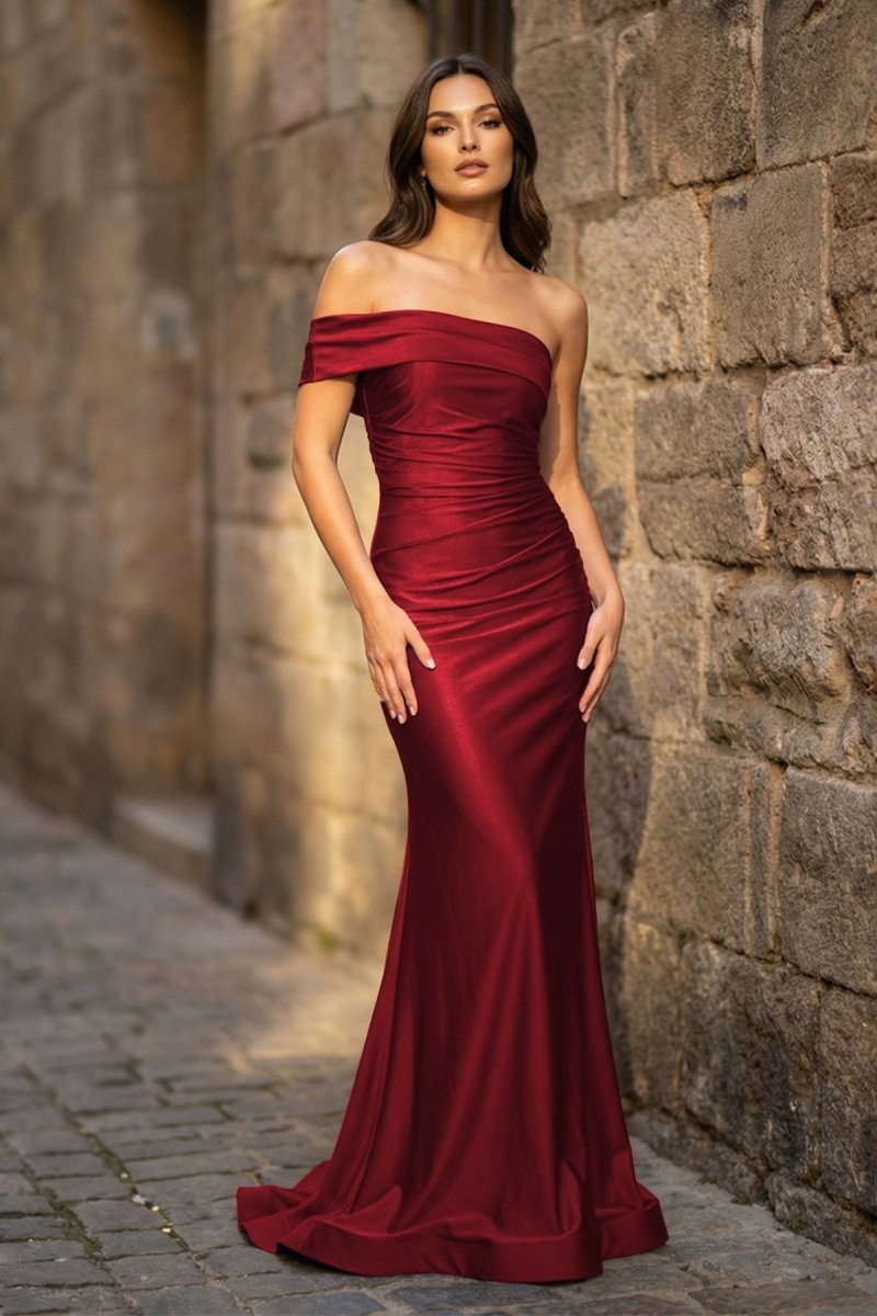 Dorothea Burgundy front view prom dress