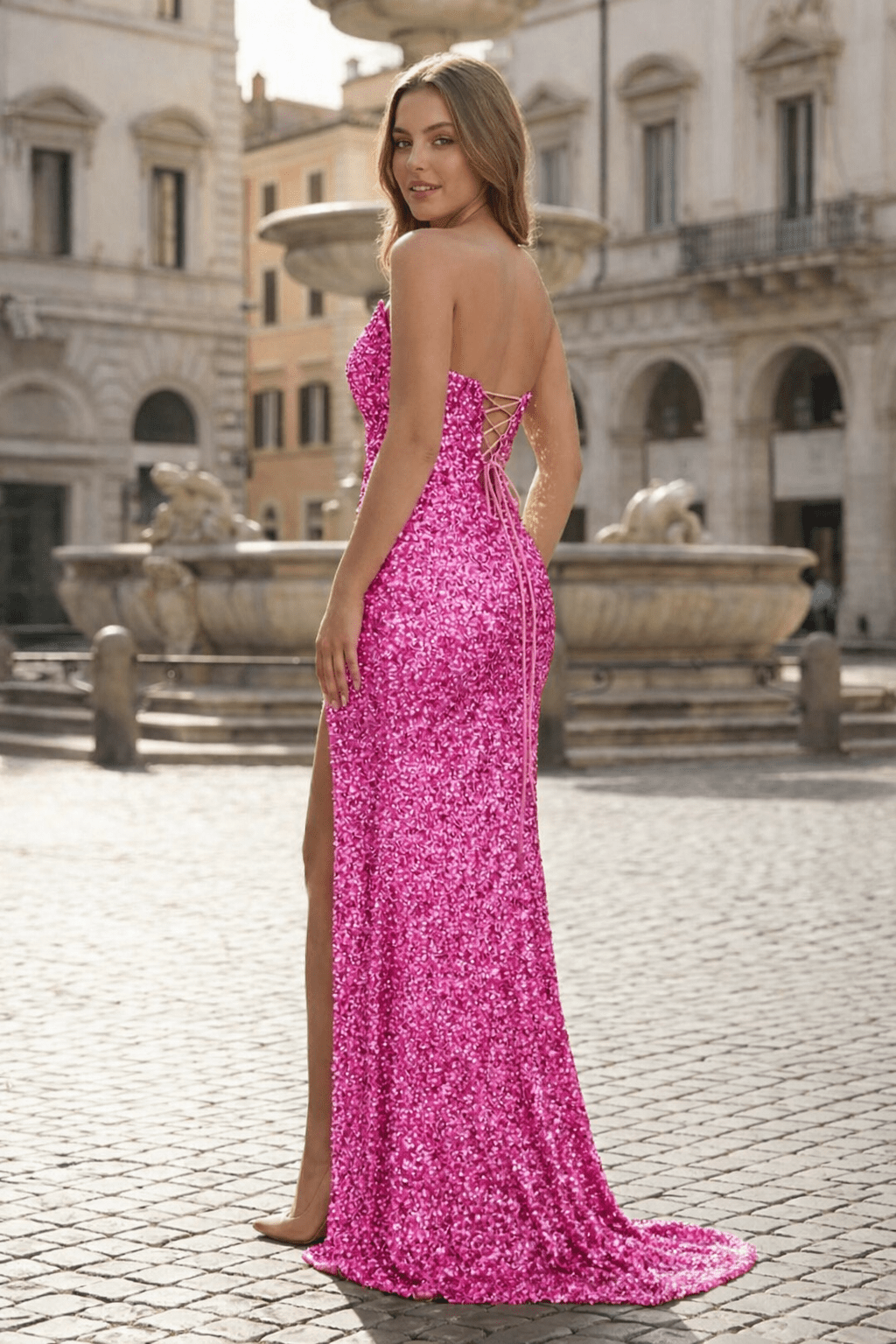 Eulalia Pearl Fuchsia back view prom dress