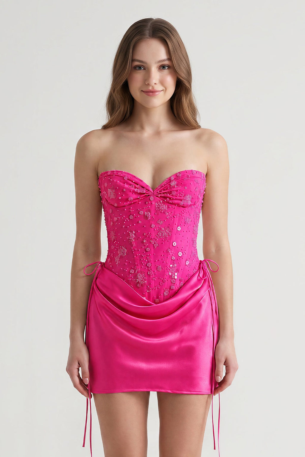 Pink Sweetheart Sheath Corset Ruched Satin Homecoming Dress with Beading