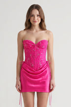 Pink Sweetheart Sheath Corset Ruched Satin Homecoming Dress with Beading