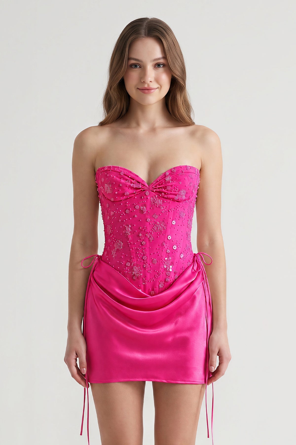 Pink Sweetheart Sheath Corset Ruched Satin Homecoming Dress with Beading